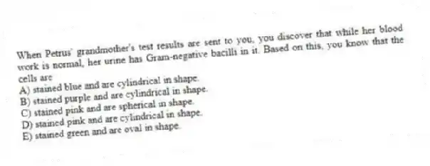 When Petrus' grandmother's test results are sent to you, you discover that while her blood work is normal, her urine has Gram-negative bacilli in it. Based on this, you know that the cells are
A) stained blue and are cylindrical in shape.
B) stained purple and are cylindrical in shape.
C) stained pink and are spherical in shape.
D) stained pink and are cylindrical in shape.
E) stained green and are oval in shape.