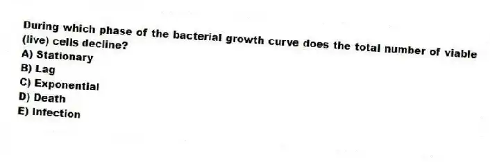 During which phase of the bacterial growth curve does the total number of viable (live) cells decline?
A) Stationary
B) Lag
C) Exponential
D) Death
E) Infection