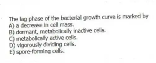 The lag phase of the bacterial growth curve is marked by
A) a decrease in cell mass.
B) dormant, metabolically inactive cells.
C) metabolically active cells.
D) vigorously dividing cells.
E) spore-forming cells.