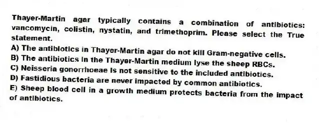Thayer-Martin agar typically contains a combination of antibiotics: vancomycin, colistin, nystatin, and trimethoprim. Please select the True statement.
A) The antibiotics in Thayer-Martin agar do not kill Gram-negative cells.
B) The antibiotics in the Thayer-Martin medium lyse the sheep RBCs.
C) Neisseria gonorrhoeae is not sensitive to the included antibiotics.
D) Fastidious bacteria are never impacted by common antibiotics.
E) Sheep blood cell in a growth medium protects bacteria from the impact of antibiotics.