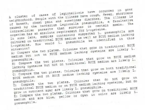 A cluster of cases of legionellosis have occurred in your neighborhood. People with the illness have cough, fever, shortness of breath, chest pain and sometimes diarrhea. The illness is caused by the bacterium Legionella pneumophila, a facultative intracellular parasite that survives in certain ameba. The organism has an absolute requirement for L-cysteine.
-In some labs, samples containing suspected L. pneumophila are cultured on traditional BCYE medium as well as BCYE medium lacking L-cysteine. How would L. pneumohila be identified in this situation?
A) Compare the two plates. Colonies that grow on traditional BYCE medium but not on BYCE medium lacking cysteine are likely L. pneumophila.
B) Compare the two plates. Colonies that grow on BYCE medium lacking cysteine but not on traditional BYCE medium are likely L. pneumophila.
C) Compare the two plates. Colonies that grow on both traditional BYCE medium and on BYCE medium lacking cysteine are likely L. pneumophila.
D) Compare the two plates. Colonies that do not grow on traditional BYCE medium or on BYCE medium lacking cysteine, but do grow on nutrient agar are likely L. pneumophila.
E) Compare the two plates. Colonies that grow on traditional BYCE medium and are blue, yellow or cyan in color are likely L. pneumophila.