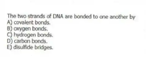 The two strands of DNA are bonded to one another by
A) covalent bonds.
B) oxygen bonds.
C) hydrogen bonds.
D) carbon bonds.
E) disulfide bridges.