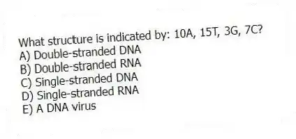 What structure is indicated by: 10A, 15T, 3G, 7C?
A) Double-stranded DNA
B) Double-stranded RNA
C) Single-stranded DNA
D) Single-stranded RNA
E) A DNA virus