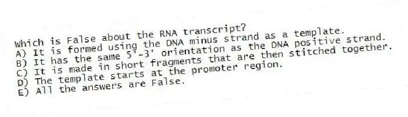 Which is False about the RNA transcript?
A) It is formed using the DNA minus strand as a template.
B) It has the same 5'-3' orientation as the DNA positive strand.
C) It is made in short fragments that are then stitched together.
D) The template starts at the promoter region.
E) All the answers are False.
