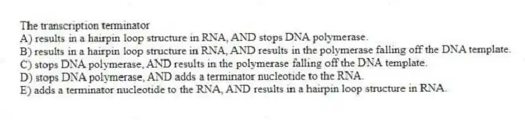 The transcription terminator
A) results in a hairpin loop structure in RNA, AND stops DNA polymerase.
B) results in a hairpin loop structure in RNA, AND results in the polymerase falling off the DNA template.
C) stops DNA polymerase, AND results in the polymerase falling off the DNA template.
D) stops DNA polymerase, AND adds a terminator nucleotide to the RNA.
E) adds a terminator nucleotide to the RNA, AND results in a hairpin loop structure in RNA.