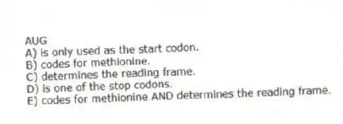 AUG
A) is only used as the start codon.
B) codes for methionine.
C) determines the reading frame.
D) is one of the stop codons.
E) codes for methionine AND determines the reading frame.