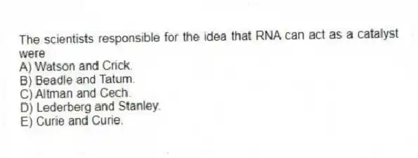 The scientists responsible for the idea that RNA can act as a catalyst were
A) Watson and Crick.
B) Beadle and Tatum.
C) Altman and Cech.
D) Lederberg and Stanley.
E) Curie and Curie.