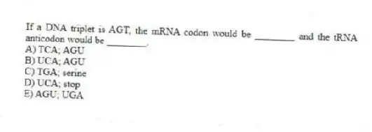 If a DNA triplet is AGT, the mRNA codon would be ________ and the tRNA anticodon would be ________.
A) TCA; AGU
B) UCA; AGU
C) TGA; serine
D) UCA; stop
E) AGU; UGA