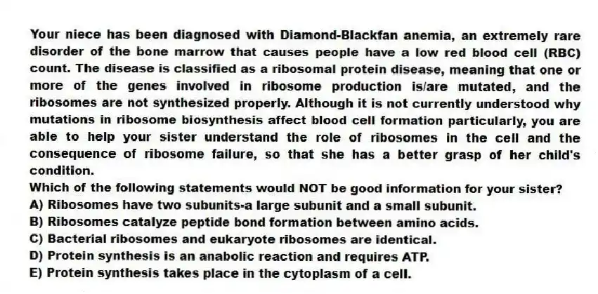 Your niece has been diagnosed with Diamond-Blackfan anemia, an extremely rare disorder of the bone marrow that causes people have a low red blood cell (RBC) count. The disease is classified as a ribosomal protein disease, meaning that one or more of the genes involved in ribosome production is/are mutated, and the ribosomes are not synthesized properly. Although it is not currently understood why mutations in ribosome biosynthesis affect blood cell formation particularly, you are able to help your sister understand the role of ribosomes in the cell and the consequence of ribosome failure, so that she has a better grasp of her child's condition.
-Which of the following statements would NOT be good information for your sister?
A) Ribosomes have two subunits-a large subunit and a small subunit.
B) Ribosomes catalyze peptide bond formation between amino acids.
C) Bacterial ribosomes and eukaryote ribosomes are identical.
D) Protein synthesis is an anabolic reaction and requires ATP.
E) Protein synthesis takes place in the cytoplasm of a cell.