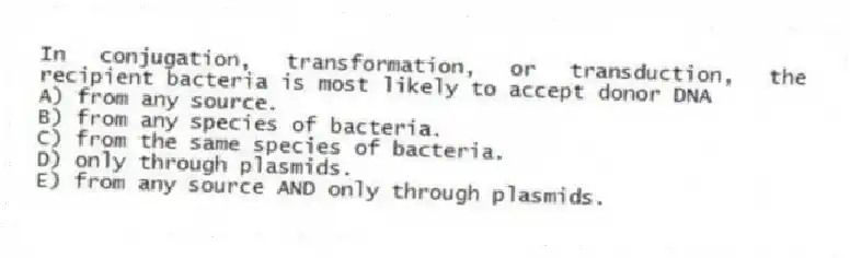 In conjugation, transformation, or transduction, the recipient bacteria is most likely to accept donor DNA
A) from any source.
B) from any species of bacteria.
C) from the same species of bacteria.
D) only through plasmids.
E) from any source AND only through plasmids.