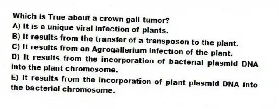 Which is True about a crown gall tumor?
A) It is a unique viral infection of plants.
B) It results from the transfer of a transposon to the plant.
C) It results from an Agrogallerium infection of the plant.
D) It results from the incorporation of bacterial plasmid DNA into the plant chromosome.
E) It results from the incorporation of plant plasmid DNA into the bacterial chromosome.