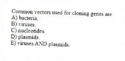 Common vectors used for cloning genes are
A) bacteria.
B) viruses.
C) nucleotides.
D) plasmids.
E) viruses AND plasmids.