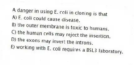 A danger in using E. coli in cloning is that
A) E. coli could cause disease.
B) the outer membrane is toxic to humans.
C) the human cells may reject the insertion.
D) the exons may invert the introns.
E) working with E. coli requires a BSL3 laboratory.