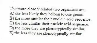 The more closely related two organisms are,
A) the less likely they belong to one genus.
B) the more similar their nucleic acid sequence.
C) the less similar their nucleic acid sequence.
D) the more they are phenotypically similar.
E) the less they are phenotypically similar.