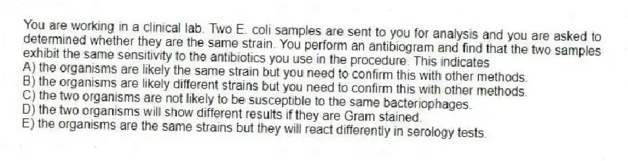You are working in a clinical lab. Two E. coli samples are sent to you for analysis and you are asked to determined whether they are the same strain. You perform an antibiogram and find that the two samples exhibit the same sensitivity to the antibiotics you use in the procedure. This indicates
A) the organisms are likely the same strain but you need to confirm this with other methods.
B) the organisms are likely different strains but you need to confirm this with other methods.
C) the two organisms are not likely to be susceptible to the same bacteriophages.
D) the two organisms will show different results if they are Gram stained.
E) the organisms are the same strains but they will react differently in serology tests.