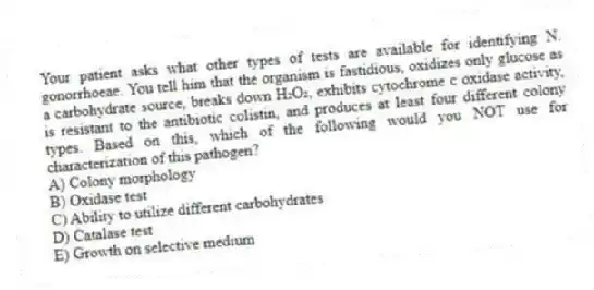 Your patient asks what other types of tests are available for identifying N. gonorrhoeae. You tell him that the organism is fastidious, oxidizes only glucose as a carbohydrate source, breaks down H₂O₂, exhibits cytochrome c oxidase activity, is resistant to the antibiotic colistin, and produces at least four different colony types. Based on this, which of the following would you NOT use for characterization of this pathogen?
A) Colony morphology
B) Oxidase test
C) Ability to utilize different carbohydrates
D) Catalase test
E) Growth on selective medium