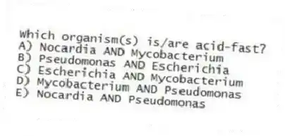 Which organism(s) is/are acid-fast?
A) Nocardia AND Mycobacterium
B) Pseudomonas AND Escherichia
C) Escherichia AND Mycobacterium
D) Mycobacterium AND Pseudomonas
E) Nocardia AND Pseudomonas