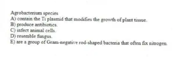 Agrobacterium species
A) contain the Ti plasmid that modifies the growth of plant tissue.
B) produce antibiotics.
C) infect animal cells.
D) resemble fungus.
E) are a group of Gram-negative rod-shaped bacteria that often fix nitrogen.
