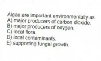 Algae are important environmentally as
A) major producers of carbon dioxide.
B) major producers of oxygen.
C) local flora.
D) local contaminants.
E) supporting fungal growth.