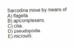 Sarcodina move by means of
A) flagella.
B) apicomplexans.
C) cilia.
D) pseudopodia.
E) microvilli.