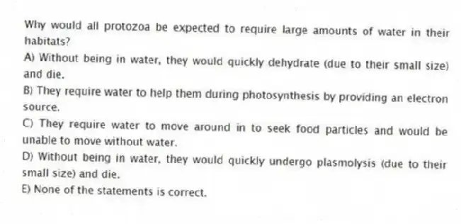 Why would all protozoa be expected to require large amounts of water in their habitats?
A) Without being in water, they would quickly dehydrate (due to their small size) and die.
B) They require water to help them during photosynthesis by providing an electron source.
C) They require water to move around in to seek food particles and would be unable to move without water.
D) Without being in water, they would quickly undergo plasmolysis (due to their small size) and die.
E) None of the statements is correct.