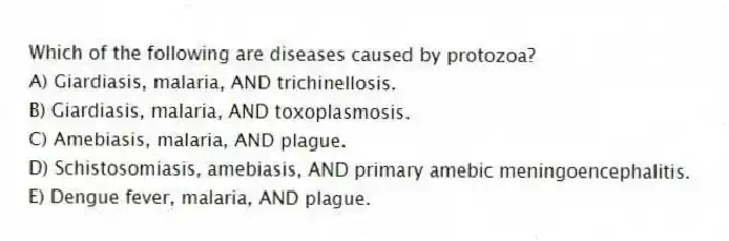 Which of the following are diseases caused by protozoa?
A) Giardiasis, malaria, AND trichinellosis.
B) Giardiasis, malaria, AND toxoplasmosis.
C) Amebiasis, malaria, AND plague.
D) Schistosomiasis, amebiasis, AND primary amebic meningoencephalitis.
E) Dengue fever, malaria, AND plague.