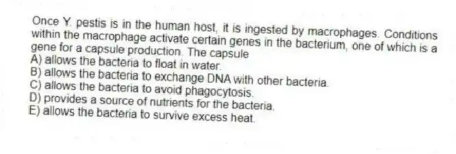 Once Y. pestis is in the human host, it is ingested by macrophages. Conditions within the macrophage activate certain genes in the bacterium, one of which is a gene for a capsule production. The capsule
A) allows the bacteria to float in water.
B) allows the bacteria to exchange DNA with other bacteria.
C) allows the bacteria to avoid phagocytosis.
D) provides a source of nutrients for the bacteria.
E) allows the bacteria to survive excess heat.