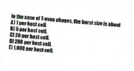 In the case of T-even phages, the burst size is about
A) 1 per host cell.
B) 5 per host cell.
C) 20 per host cell.
D) 200 per host cell.
E) 1,000 per host cell.
