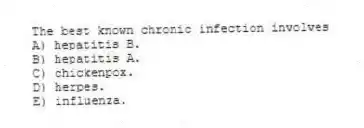 The best known chronic infection involves
A) hepatitis B.
B) hepatitis A.
C) chickenpox.
D) herpes.
E) influenza.