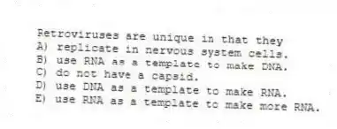 Retroviruses are unique in that they
A) replicate in nervous system cells.
B) use RNA as a template to make DNA.
C) do not have a capsid.
D) use DNA as a template to make RNA.
E) use RNA as a template to make more RNA.