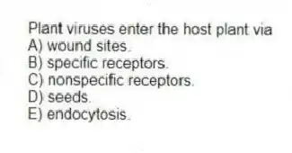 Plant viruses enter the host plant via
A) wound sites.
B) specific receptors.
C) nonspecific receptors.
D) seeds.
E) endocytosis.