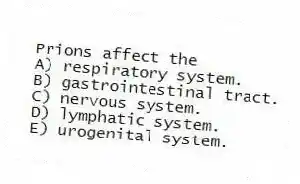 Prions affect the
A) respiratory system.
B) gastrointestinal tract.
C) nervous system.
D) lymphatic system.
E) urogenital system.