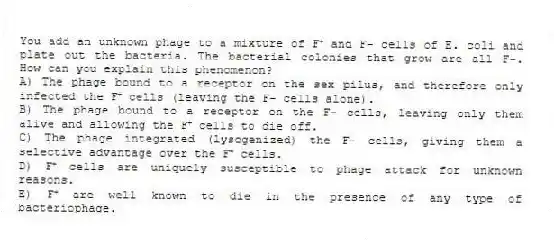 You add an unknown phage to a mixture of F⁺ and F− cells of E. coli and plate out the bacteria. The bacterial colonies that grow are all F−. How can you explain this phenomenon?
A) The phage bound to a receptor on the sex pilus, and therefore only infected the F⁺ cells (leaving the F− cells alone).
B) The phage bound to a receptor on the F− cells, leaving only them alive and allowing the F⁺ cells to die off.
C) The phage integrated (lysogenized) the F− cells, giving them a selective advantage over the F⁺ cells.
D) F⁺ cells are uniquely susceptible to phage attack for unknown reasons.
E) F⁺ are well known to die in the presence of any type of bacteriophage.