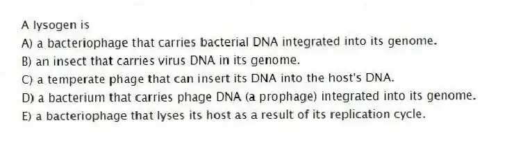 A lysogen is
A) a bacteriophage that carries bacterial DNA integrated into its genome.
B) an insect that carries virus DNA in its genome.
C) a temperate phage that can insert its DNA into the host's DNA.
D) a bacterium that carries phage DNA (a prophage) integrated into its genome.
E) a bacteriophage that lyses its host as a result of its replication cycle.