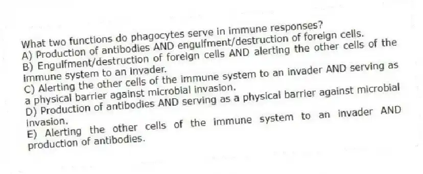 What two functions do phagocytes serve in immune responses?
A) Production of antibodies AND engulfment/destruction of foreign cells.
B) Engulfment/destruction of foreign cells AND alerting the other cells of the immune system to an invader.
C) Alerting the other cells of the immune system to an invader AND serving as a physical barrier against microbial invasion.
D) Production of antibodies AND serving as a physical barrier against microbial invasion.
E) Alerting the other cells of the immune system to an invader AND production of antibodies.