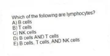 Which of the following are lymphocytes?
A) B cells
B) T cells
C) NK cells
D) B cells AND T cells
E) B cells, T cells, AND NK cells