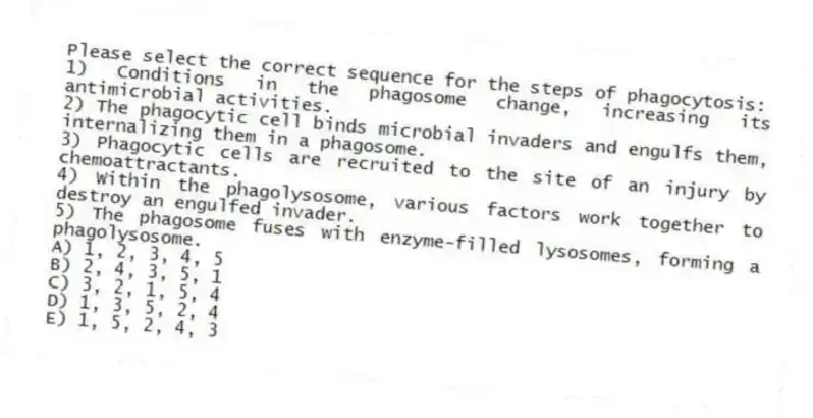 Please select the correct sequence for the steps of phagocytosis:
1) Conditions in the phagosome change, increasing its antimicrobial activities.
2) The phagocytic cell binds microbial invaders and engulfs them, internalizing them in a phagosome.
3) Phagocytic cells are recruited to the site of an injury by chemoattractants.
4) Within the phagolysosome, various factors work together to destroy an engulfed invader.
5) The phagosome fuses with enzyme-filled lysosomes, forming a phagolysosome.
A) 1, 2, 3, 4, 5
B) 2, 4, 3, 5, 1
C) 3, 2, 1, 5, 4
D) 1, 3, 5, 2, 4
E) 1, 5, 2, 4, 3