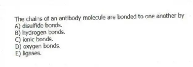 The chains of an antibody molecule are bonded to one another by
A) disulfide bonds.
B) hydrogen bonds.
C) ionic bonds.
D) oxygen bonds.
E) ligases.