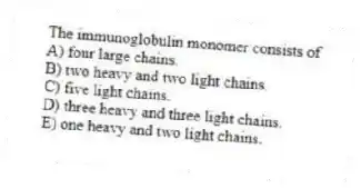 The immunoglobulin monomer consists of
A) four large chains.
B) two heavy and two light chains.
C) five light chains.
D) three heavy and three light chains.
E) one heavy and two light chains.
