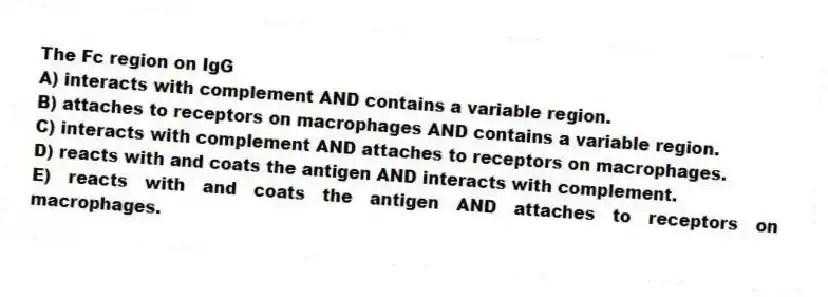The Fc region on IgG
A) interacts with complement AND contains a variable region.
B) attaches to receptors on macrophages AND contains a variable region.
C) interacts with complement AND attaches to receptors on macrophages.
D) reacts with and coats the antigen AND interacts with complement.
E) reacts with and coats the antigen AND attaches to receptors on macrophages.
