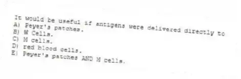 It would be useful if antigens were delivered directly to
A) Peyer's patches.
B) W Cells.
C) M cells.
D) red blood cells.
E) Peyer's patches AND M cells.