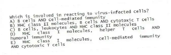 Which is involved in reacting to virus-infected cells?
A) B cells AND cell-mediated immunity 
B) MHC class II molecules, B cells AND cytotoxic T cells
C) B cells, leukocytes AND MHC class II molecules
D) MHC class I molecules, helper T cells AND humoral immunity
E) MHC class I molecules, cell-mediated immunity AND cytotoxic T cells