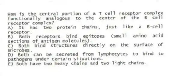 How is the central portion of a T cell receptor complex functionally analogous to the center of the B cell receptor complex?
A) It has two protein chains, just like a B-cell receptor.
B) Both receptors bind epitopes (small amino acid sections of antigen molecules).
C) Both bind structures directly on the surface of microbes.
D) Both can be secreted from lymphocytes to bind to pathogens under certain situations.
E) Both have two heavy chains and two light chains.