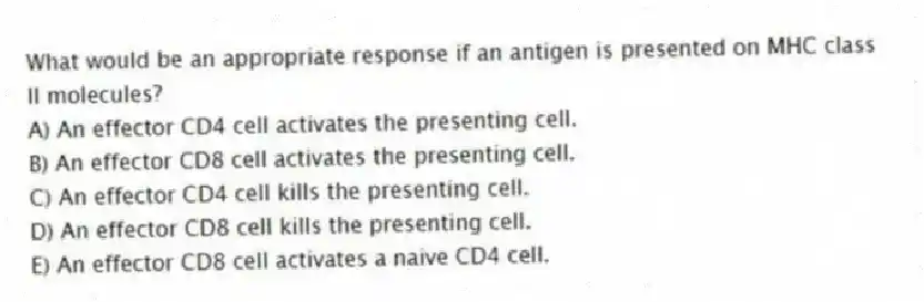 What would be an appropriate response if an antigen is presented on MHC class II molecules?
A) An effector CD4 cell activates the presenting cell.
B) An effector CD8 cell activates the presenting cell.
C) An effector CD4 cell kills the presenting cell.
D) An effector CD8 cell kills the presenting cell.
E) An effector CD8 cell activates a naive CD4 cell.