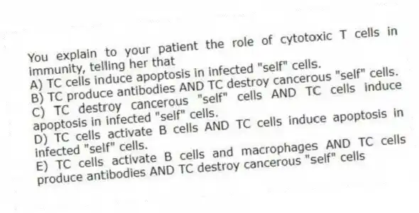 You explain to your patient the role of cytotoxic T cells in immunity, telling her that
A) TC cells induce apoptosis in infected "self" cells.
B) TC produce antibodies AND TC destroy cancerous "self" cells.
C) TC destroy cancerous "self" cells AND TC cells induce apoptosis in infected "self" cells.
D) TC cells activate B cells AND TC cells induce apoptosis in infected "self" cells.
E) TC cells activate B cells and macrophages AND TC cells produce antibodies AND TC destroy cancerous "self" cells
