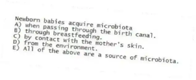 Newborn babies acquire microbiota
A) when passing through the birth canal.
B) through breastfeeding.
C) by contact with the mother's skin.
D) from the environment.
E) All of the above are a source of microbiota.