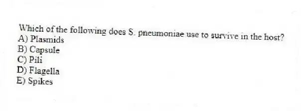 Which of the following does S. pneumoniae use to survive in the host?
A) Plasmids
B) Capsule
C) Pili
D) Flagella
E) Spikes