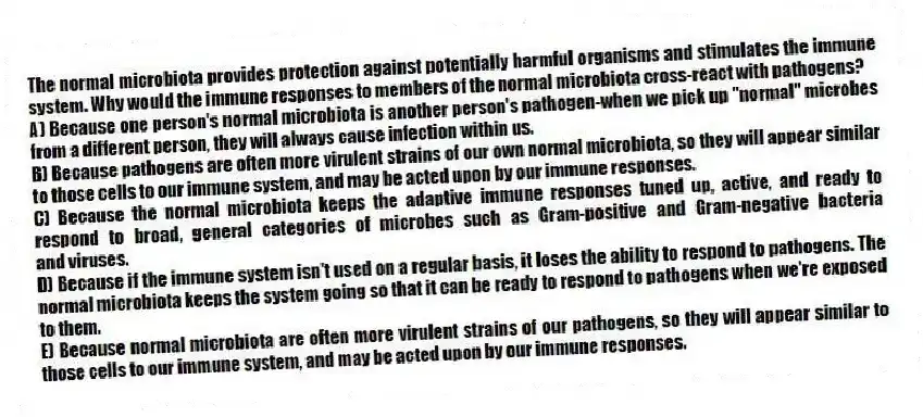 The normal microbiota provides protection against potentially harmful organisms and stimulates the immune system. Why would the immune responses to members of the normal microbiota cross-react with pathogens?
A) Because one person's normal microbiota is another person's pathogen-when we pick up "normal" microbes from a different person, they will always cause infection within us.
B) Because pathogens are often more virulent strains of our own normal microbiota, so they will appear similar to those cells to our immune system, and may be acted upon by our immune responses.
C) Because the normal microbiota keeps the adaptive immune responses tuned up, active, and ready to respond to broad, general categories of microbes such as Gram-positive and Gram-negative bacteria and viruses.
D) Because if the immune system isn't used on a regular basis, it loses the ability to respond to pathogens. The normal microbiota keeps the system going so that it can be ready to respond to pathogens when we're exposed to them.
E) Because normal microbiota are often more virulent strains of our pathogens, so they will appear similar to those cells to our immune system, and may be acted upon by our immune responses.