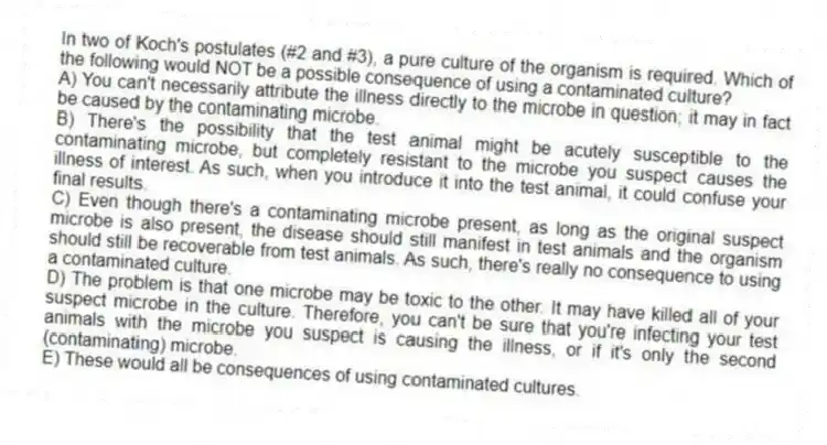 In two of Koch's postulates (#2 and #3), a pure culture of the organism is required. Which of the following would NOT be a possible consequence of using a contaminated culture?
A) You can't necessarily attribute the illness directly to the microbe in question; it may in fact be caused by the contaminating microbe.
B) There's the possibility that the test animal might be acutely susceptible to the contaminating microbe, but completely resistant to the microbe you suspect causes the illness of interest. As such, when you introduce it into the test animal, it could confuse your final results.
C) Even though there's a contaminating microbe present, as long as the original suspect microbe is also present, the disease should still manifest in test animals and the organism should still be recoverable from test animals. As such, there's really no consequence to using a contaminated culture.
D) The problem is that one microbe may be toxic to the other. It may have killed all of your suspect microbe in the culture. Therefore, you can't be sure that you're infecting your test animals with the microbe you suspect is causing the illness, or if it's only the second (contaminating) microbe.
E) These would all be consequences of using contaminated cultures.