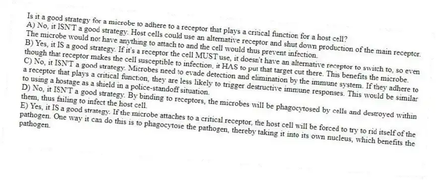 Is it a good strategy for a microbe to adhere to a receptor that plays a critical function for a host cell?
A) No, it ISN'T a good strategy. Host cells could use an alternative receptor and shut down production of the main receptor. The microbe would not have anything to attach to and the cell would thus prevent infection.
B) Yes, it IS a good strategy. If it's a receptor the cell MUST use, it doesn't have an alternative receptor to switch to, so even though that receptor makes the cell susceptible to infection, it HAS to put that target out there. This benefits the microbe.
C) No, it ISN'T a good strategy. Microbes need to evade detection and elimination by the immune system. If they adhere to a receptor that plays a critical function, they are less likely to trigger destructive immune responses. This would be similar to using a hostage as a shield in a police-standoff situation.
D) No, it ISN'T a good strategy. By binding to receptors, the microbes will be phagocytosed by cells and destroyed within them, thus failing to infect the host cell.
E) Yes, it IS a good strategy. If the microbe attaches to a critical receptor, the host cell will be forced to try to rid itself of the pathogen. One way it can do this is to phagocytose the pathogen, thereby taking it into its own nucleus, which benefits the pathogen.